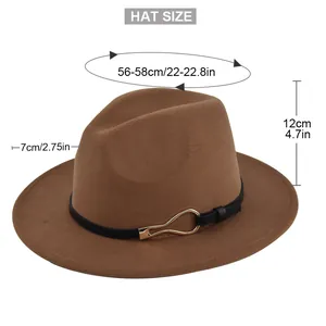 Brown wool fedora with leather belt and dimensions showing 56-58cm head circumference