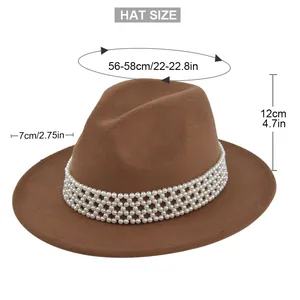 Brown wool felt jazz hat with pearl band, flat brim fedora dimensions 56-58cm
