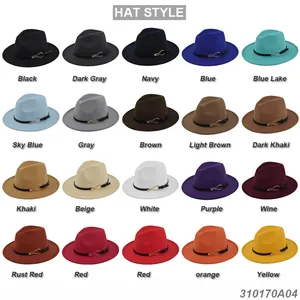 Classic fedora felt hats in 20 assorted colors with leather belts and metal buckles