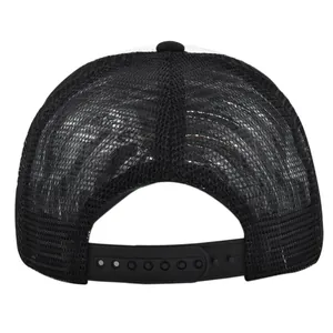 Detailed back view of trucker hat featuring black breathable mesh and adjustable snapback