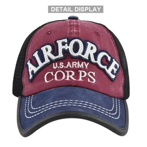 Detailed view of U.S. ARMY embroidery on a breathable mesh trucker baseball cap