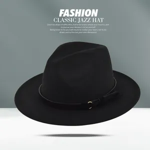 Classic black wool fedora jazz hat with leather belt and gold buckle decoration