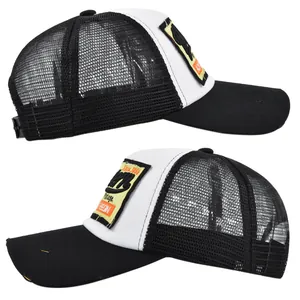 Detail view of vintage trucker hat with mesh back and retro embroidered patch