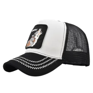 Black and white trucker hat featuring a lone wolf embroidery patch and mesh back