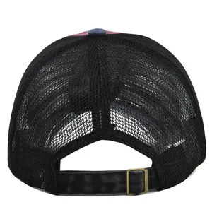 Detail of adjustable metal buckle and breathable mesh back on the baseball cap