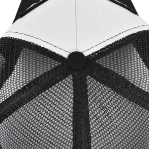 Close-up of top button and breathable mesh structure of the black and white trucker hat