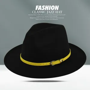 Vintage Unisex Woolen Felt Fedora Hat Wide Brim Jazz Hat With Yellow Leather Belt Buckle For Men Women Fashion Hat