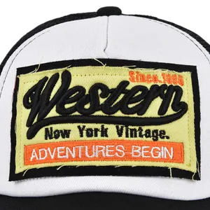Western vintage baseball cap with 3D embroidery and breathable mesh in black and white