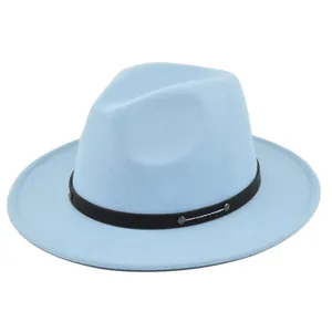 Close-up of light blue felt fedora hat featuring black leather band and metal rivets