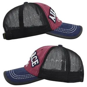 Detail of AIR FORCE embroidered trucker hats with breathable mesh and contrast stitching
