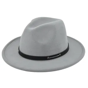 Detailed view of grey wool felt fedora with black faux leather band and metal rivets