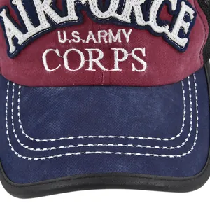 Detail of vintage Airforce embroidery on navy and red mesh baseball trucker cap