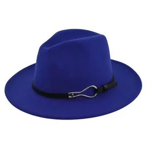 Detailed view of royal blue wool felt fedora with black leather band and silver buckle