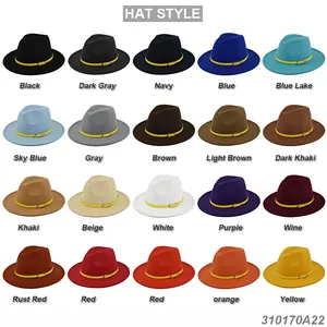 Classic wool felt fedora hat for men and women available in 20 assorted colors with belts