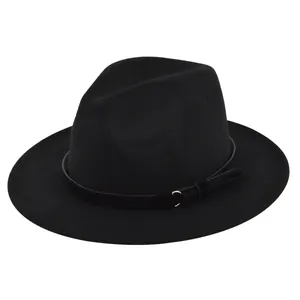 Top-down view of black wool fedora featuring a fine band with a gold metal ring detail