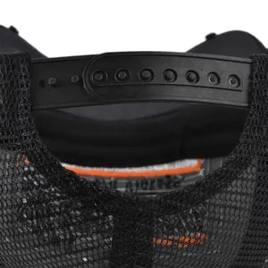 Detail of adjustable double-row snapback closure on black breathable mesh trucker hat