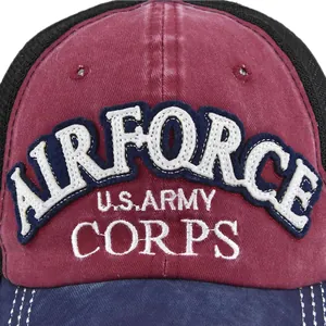 Retro Airforce embroidered mesh baseball cap with U.S. Army patches in burgundy and navy