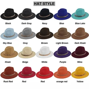 Cappello Fedora in feltro a tesa larga in 20 colori con catena dorata