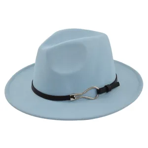 Detailed view of the light blue fedora felt hat featuring a black belt and silver buckle