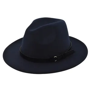 Detail of navy blue felt fedora showing decorative black band and gold metal ring buckle