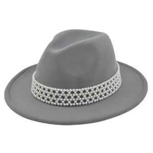 Grey wool felt fedora hat featuring an elegant white pearl lattice band decoration