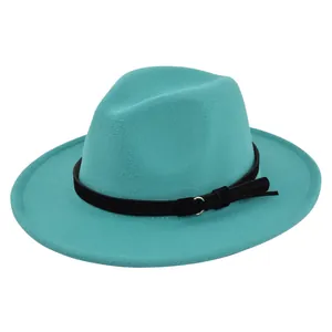 Detail view of the teal wool fedora hat featuring a black belt and silver metal buckle