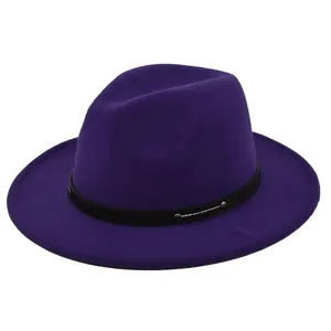 Detailed view of purple wool fedora hat with studded black leather band and metal rivets