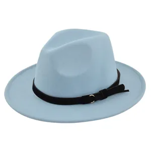 Detail of light blue felt fedora hat featuring a black faux suede band and silver buckle