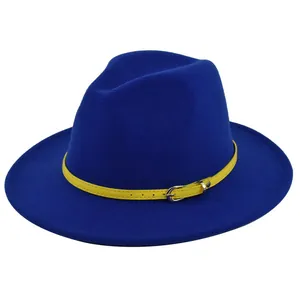 Close-up of royal blue wool fedora hat with contrast yellow belt buckle detail