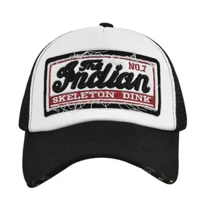 Black and white mesh trucker hat with vintage embroidery and distressed edge detailing