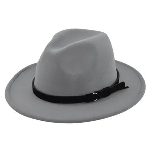 Detailed view of the gray wool jazz hat featuring a black belt with a gold ring buckle
