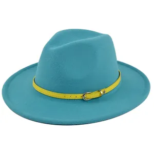 Detail of teal wool fedora hat with contrast yellow leather belt and silver buckle