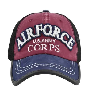 Burgundy and navy AIRFORCE embroidered baseball cap with black mesh back for summer sun