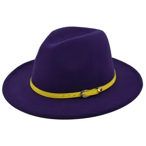 Detailed view of purple wool felt fedora featuring a contrast yellow leather belt buckle