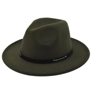 Detail of dark green fedora hat featuring black leather band and silver metal rivets