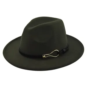 Close-up of deep green wool fedora with black leather band and golden metal buckle