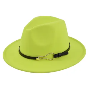 Detail of neon green fedora hat featuring black leather belt and gold metal teardrop buckle