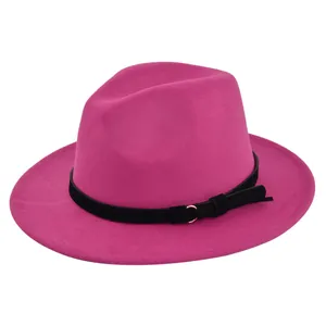 Detail view of the rose red fedora hat featuring a black suede band and golden buckle