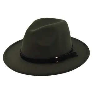 Detailed view of the dark olive fedora hat featuring a black leather belt and metal ring