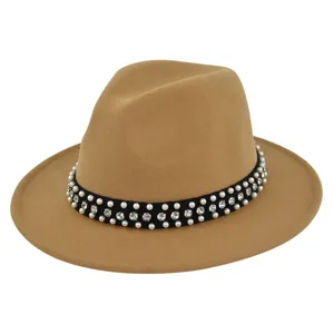 Detailed view of camel wool fedora hat featuring double-row pearl and rhinestone band