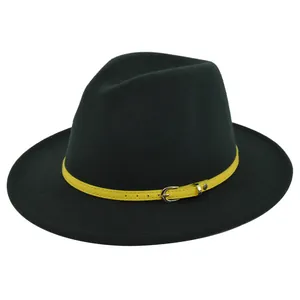 Detail of dark green wool fedora hat featuring a bright yellow leather belt with silver buckle