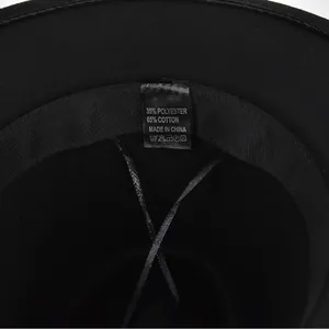 Close-up of wool fedora inner sweatband with adjustable strap and material tag