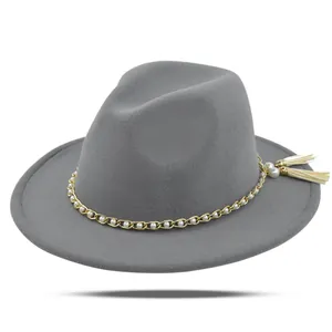 Grey wool felt fedora with gold chain, white pearls and elegant tassel trim detail