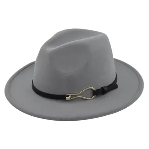 Classic grey wool fedora hat with black leather belt and gold metal buckle detail
