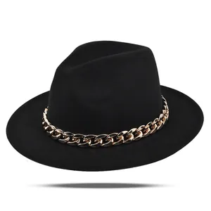Cappello Fedora in Feltro di Lana Vintage per Uomo Donna Decorazione a Catena d'Oro Grande Tesa Larga Jazz Hat Festa Matrimonio Accessorio Moda