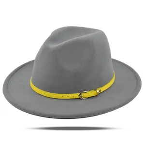 Dark grey wool fedora hat with a bright yellow leather band and silver buckle detail