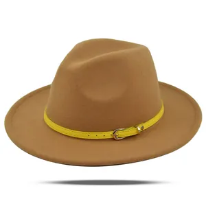 Classic khaki wool fedora hat with a bright yellow leather band and metal buckle
