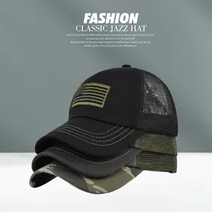 Close-up detail of American flag embroidery on black and camouflage mesh trucker hats