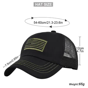Detail showing tactical American flag embroidery and dimensions on black mesh baseball cap