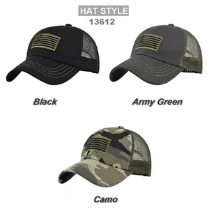 Embroidered USA flag trucker hats in black, army green and camo colors with mesh back